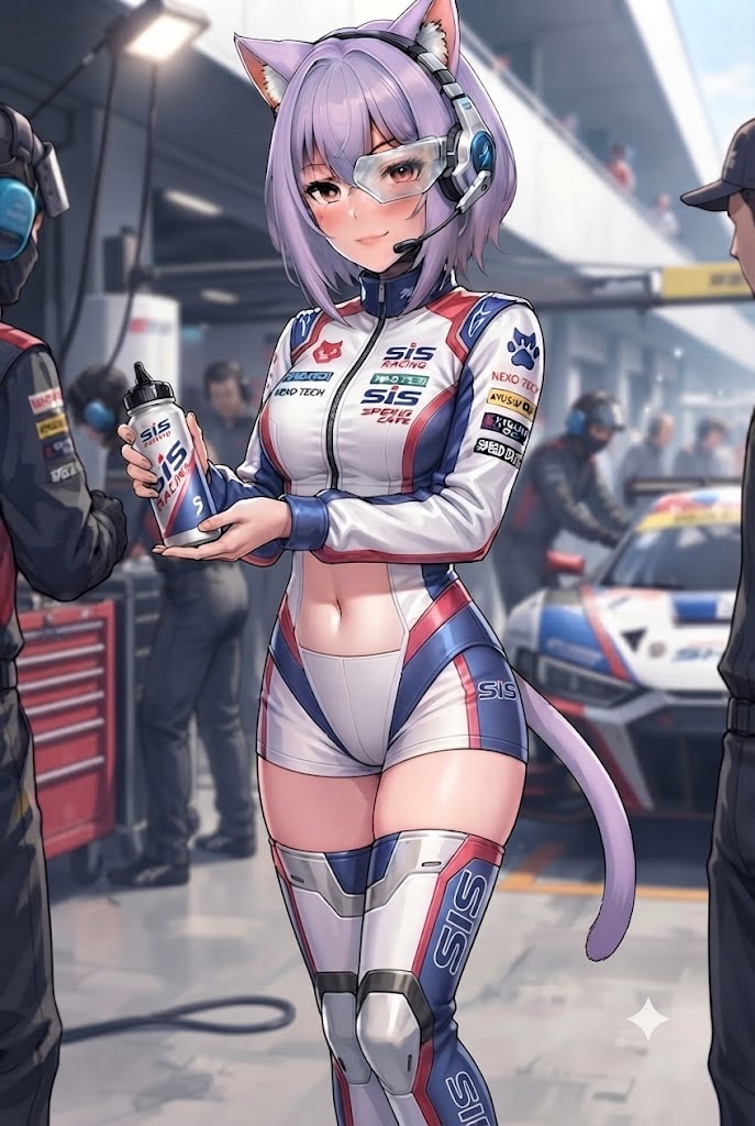 パイロットにドリンクを手渡すレースアンバサダーのシス