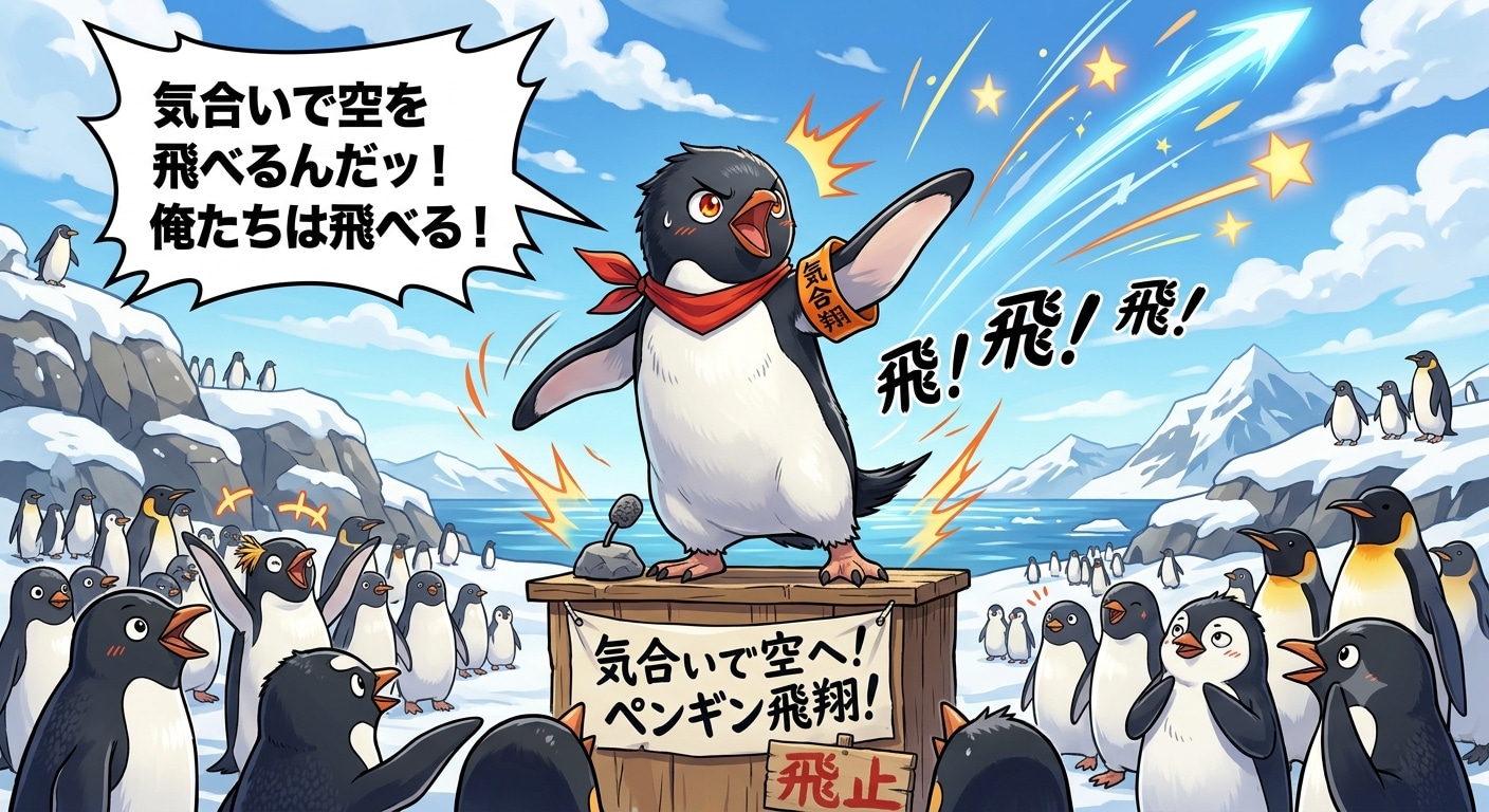 気合いで空飛ぶペンギンについて熱弁するペンギン