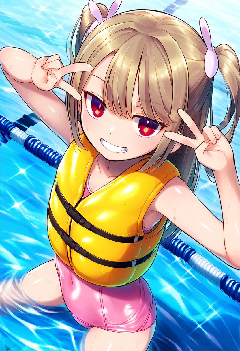 スク水とライフジャケットを着て決めポーズをするVtuber