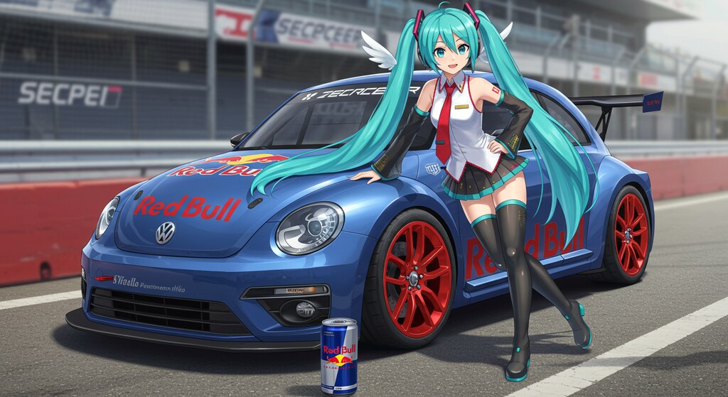 初音ミクとレッドブルワーゲンビートルレーシングカー