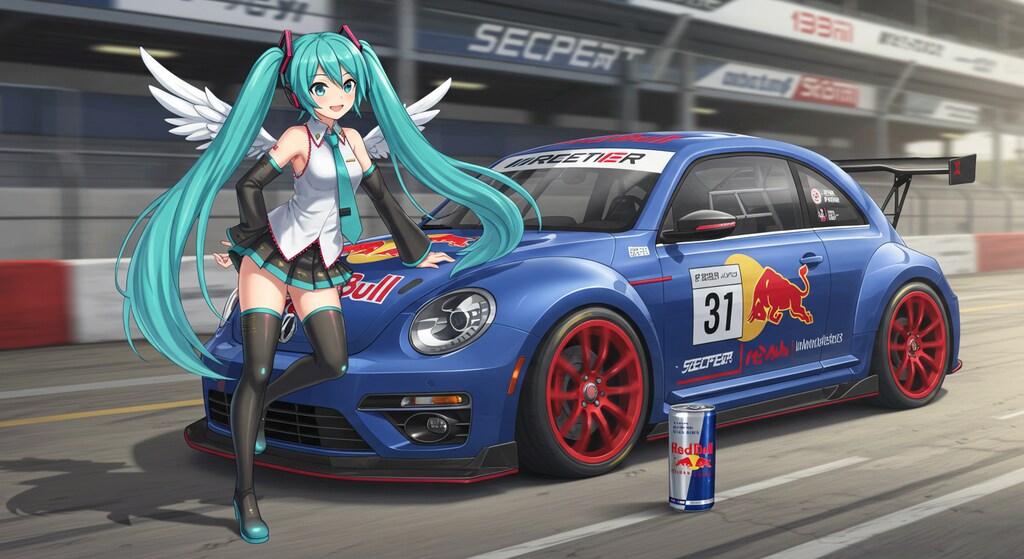 初音ミクとレッドブルワーゲンビートルレーシングカー