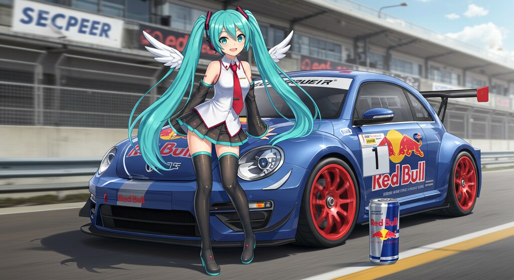 初音ミクとレッドブルワーゲンビートルレーシングカー