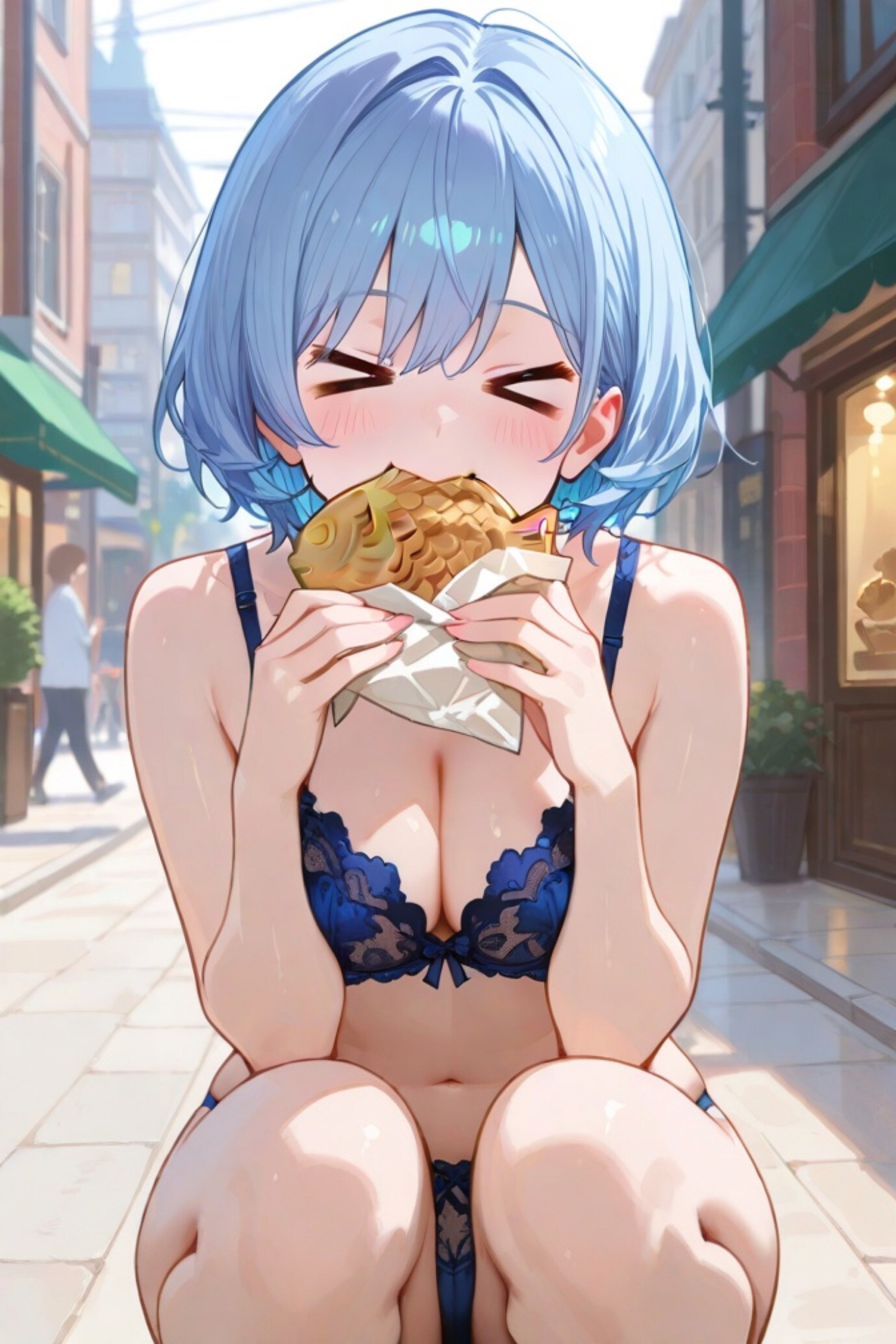 たい焼きを食べる青髪ちゃん
