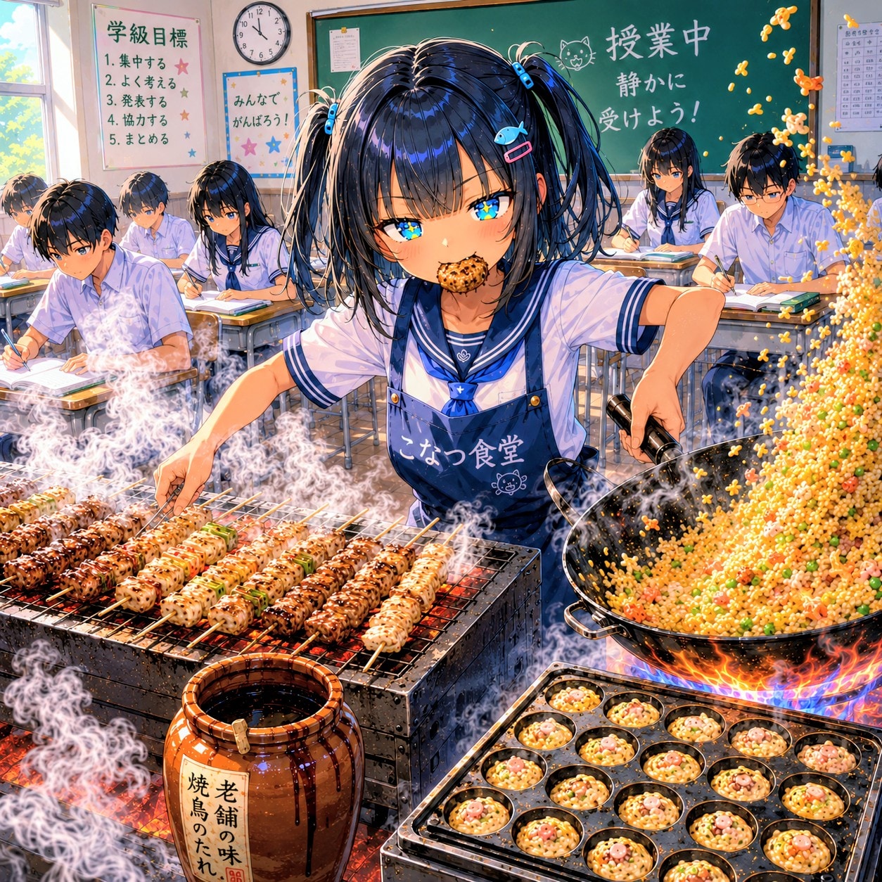 チャーハンと焼き鳥とたこ焼きを作っているハンバーグを咥えたこなつちゃん