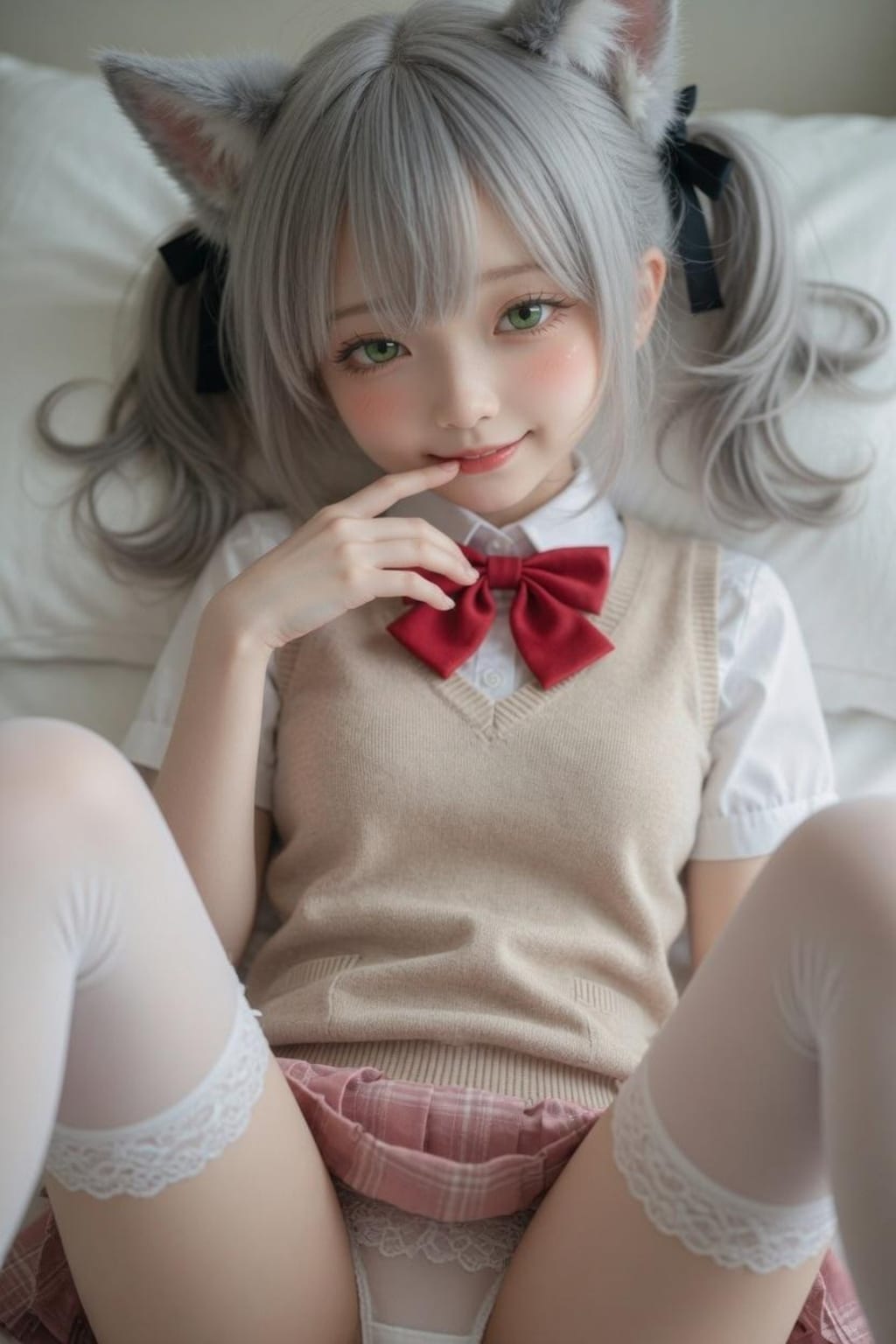 銀髪猫耳制服少女　下着見せ