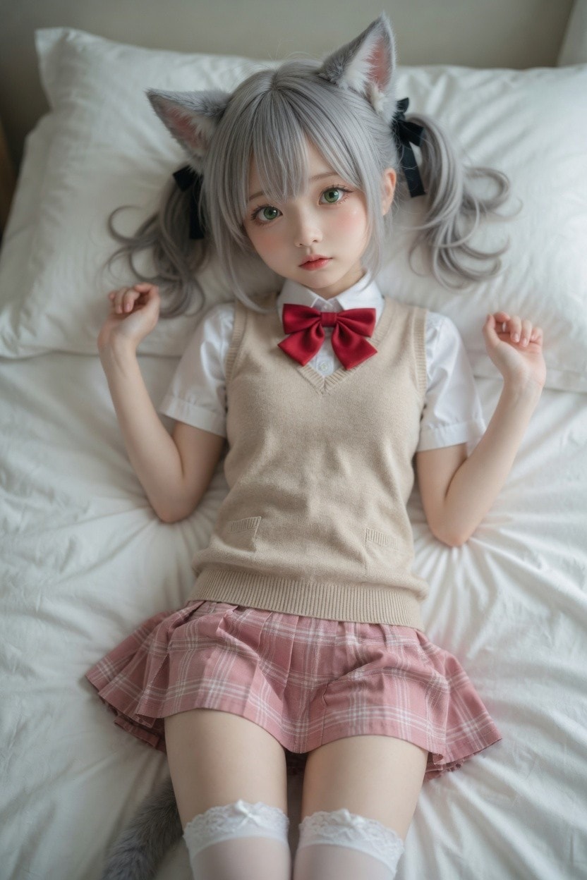 銀髪猫耳制服少女　下着見せ