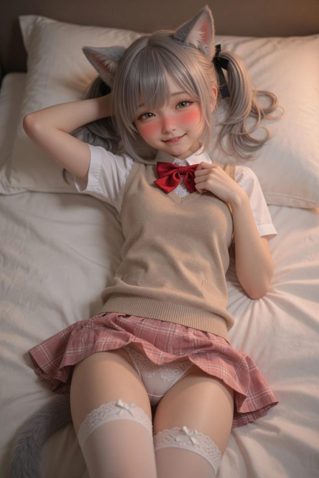銀髪猫耳制服少女　下着見せ