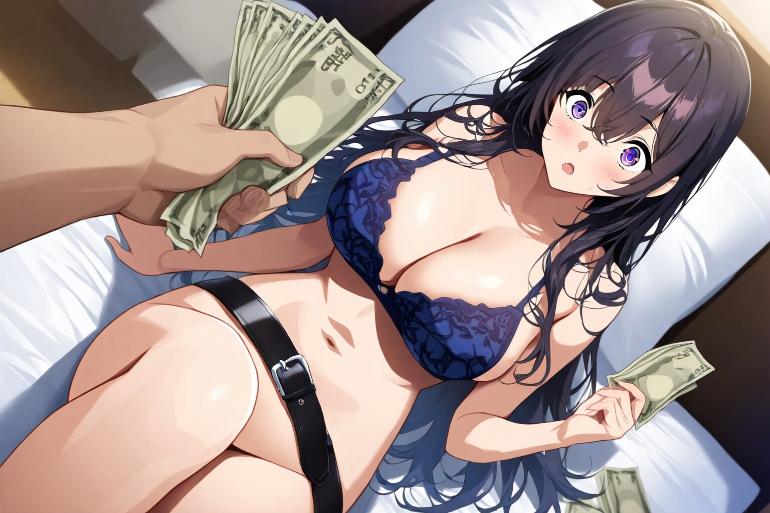 美少女にお金を見せ関係を迫っているおっさん。
