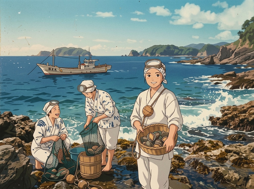レトロな海と海女さん