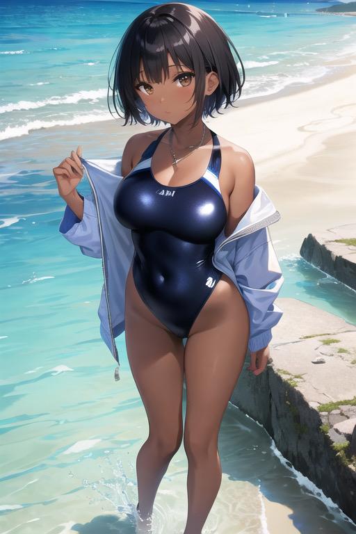 褐色ショート競泳水着ギャル