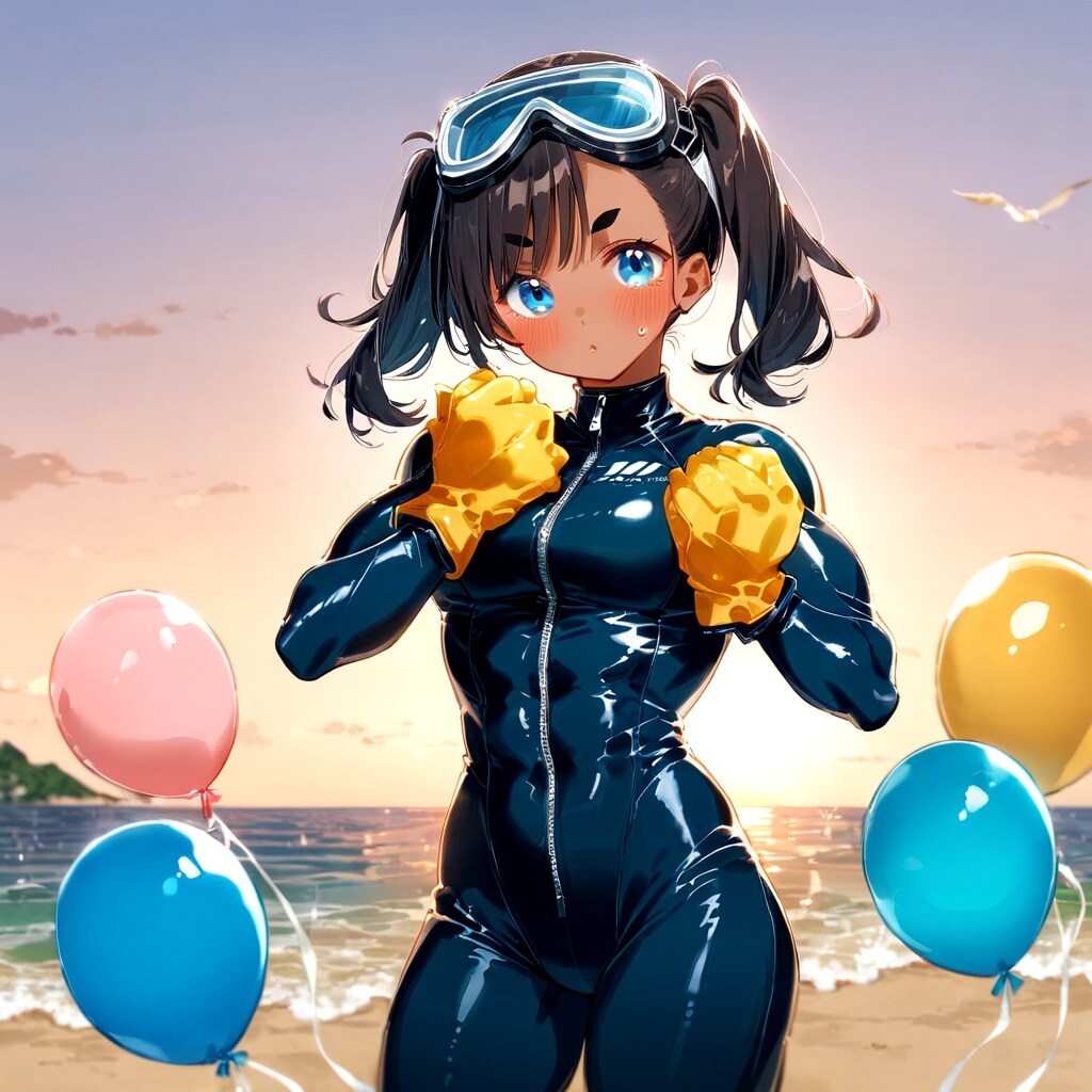ウェットスーツの女の子と浜辺で風船遊び | の人気AIイラスト・グラビア