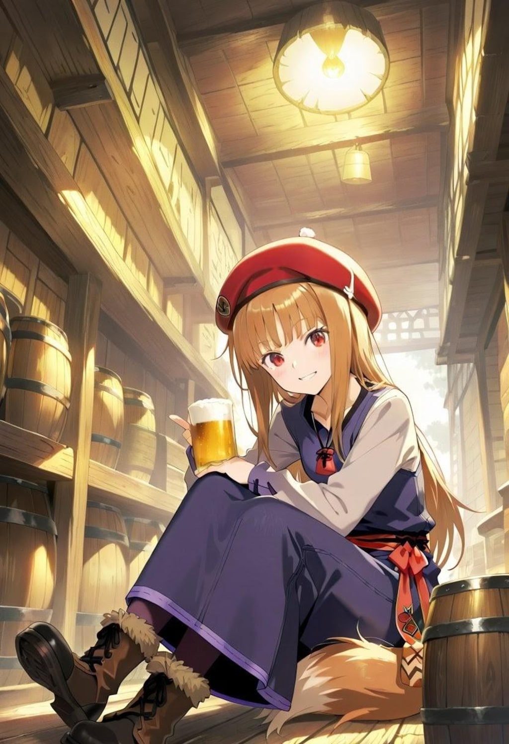 狼とビール（赤ベレー帽）