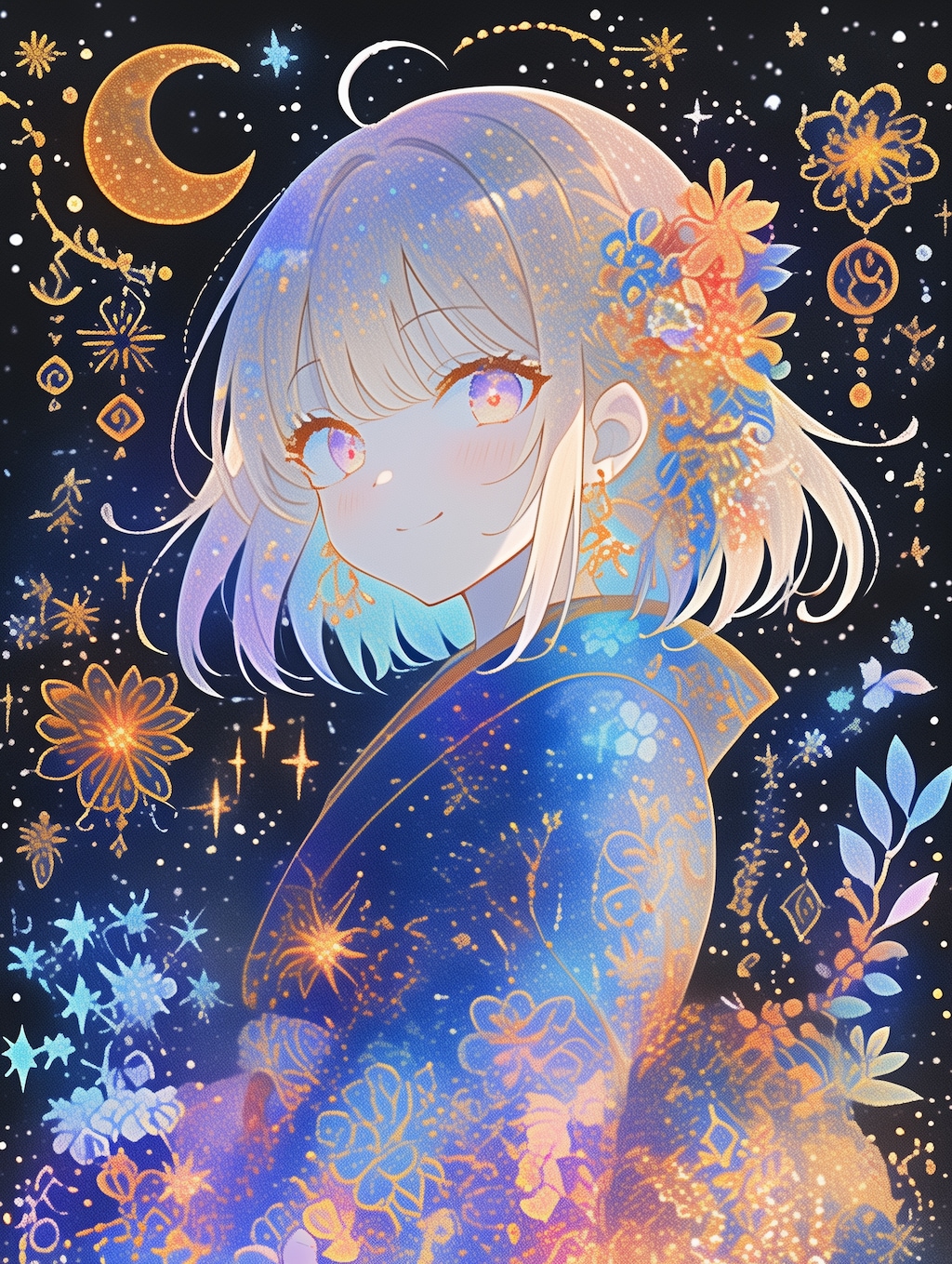 月と花と和風乙女