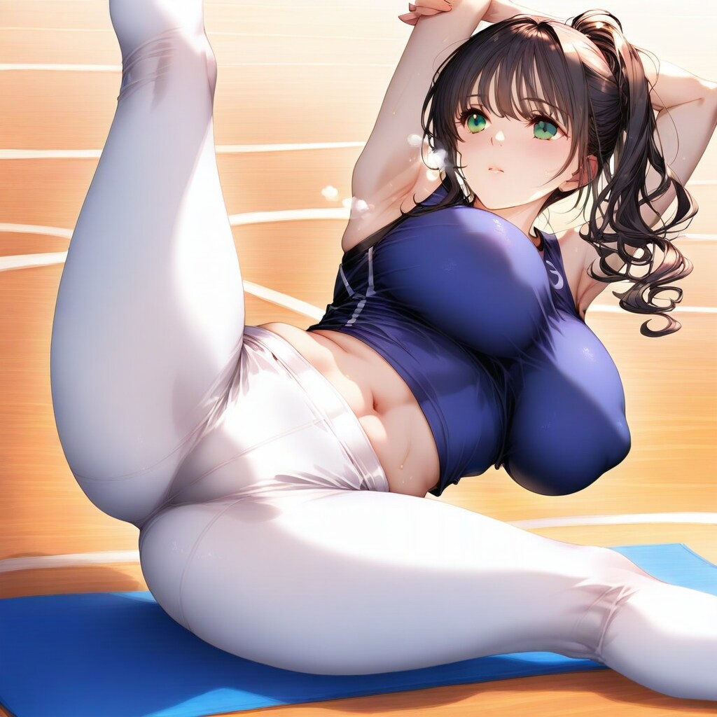 トレーニングジムでヨガ前のストレッチをしている巨乳美女