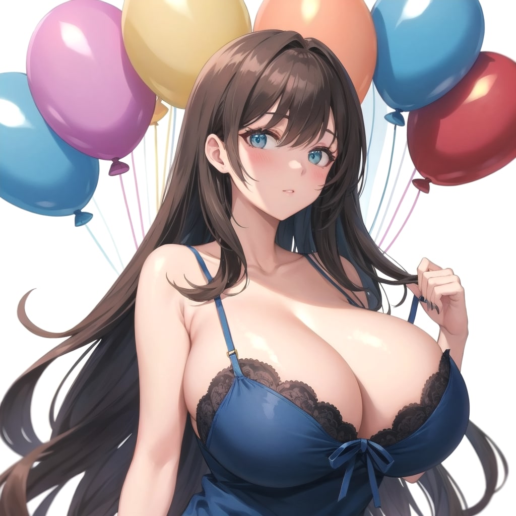 いっぱい色とりどりの風船を持つブラウンウェーブロングヘアーのキャミソール着た美女