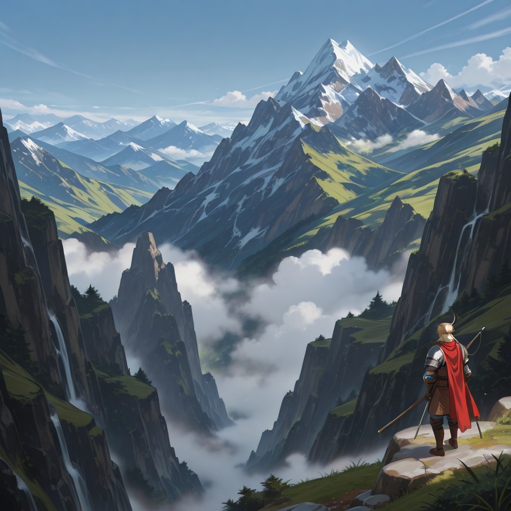 山から造船所の見える景色の風景画を生成しようとしたら、なんか冒険者がいて壮大な物語が始まりそう…(想定外)