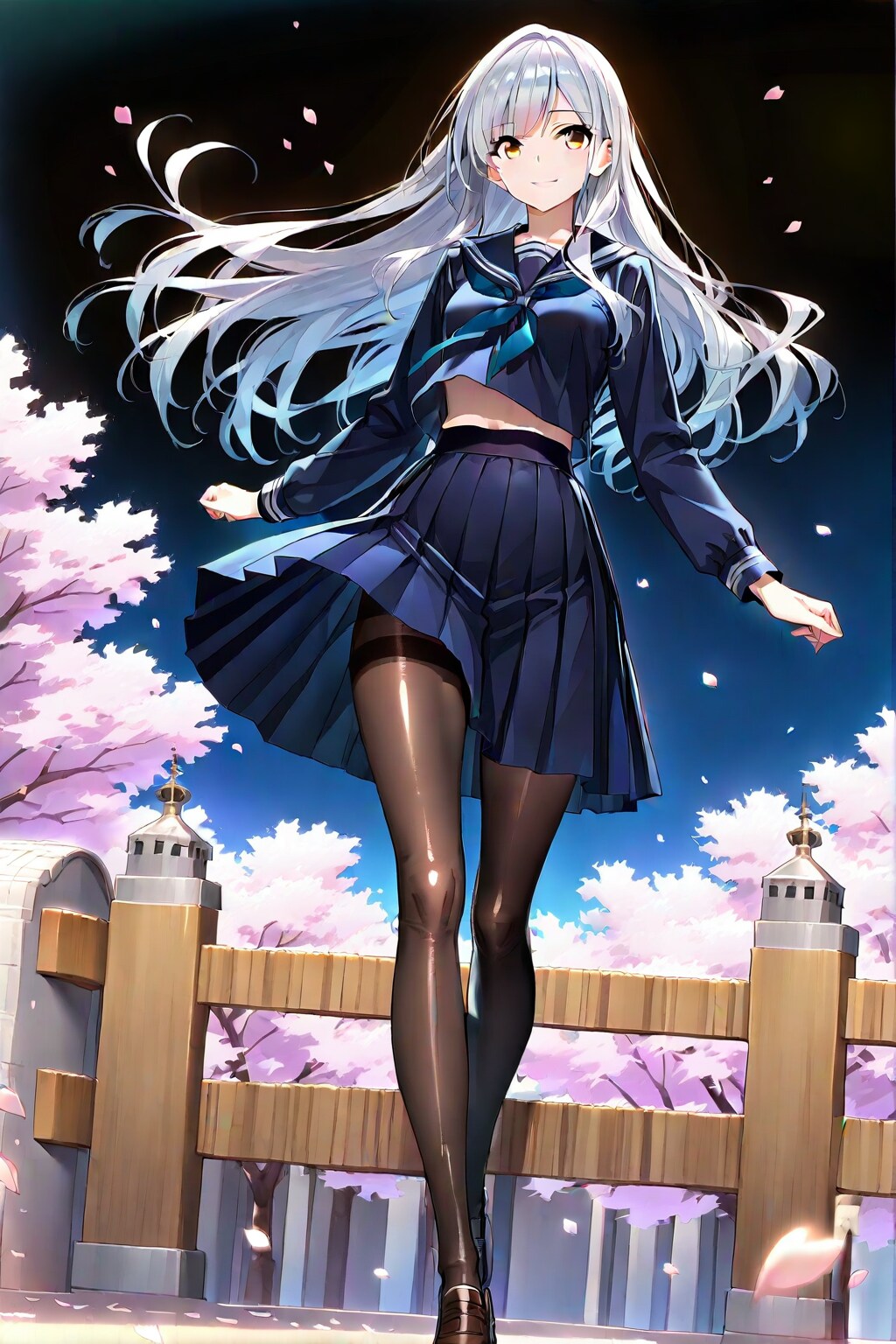 濃紺のプリーツ膝丈ロングスカートを履いた銀髪のCAPEさん