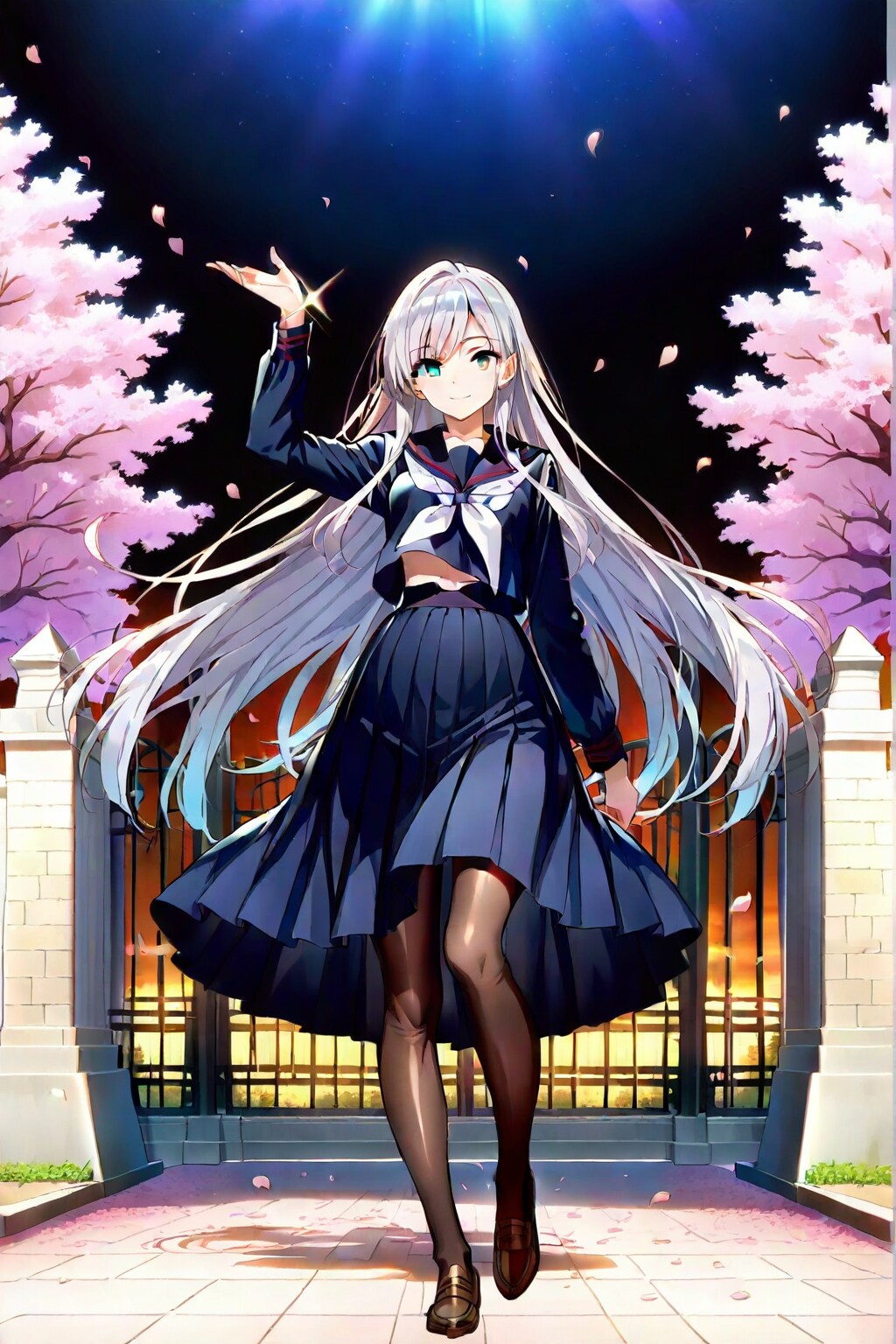 濃紺のプリーツ膝丈ロングスカートを履いた銀髪のCAPEさん