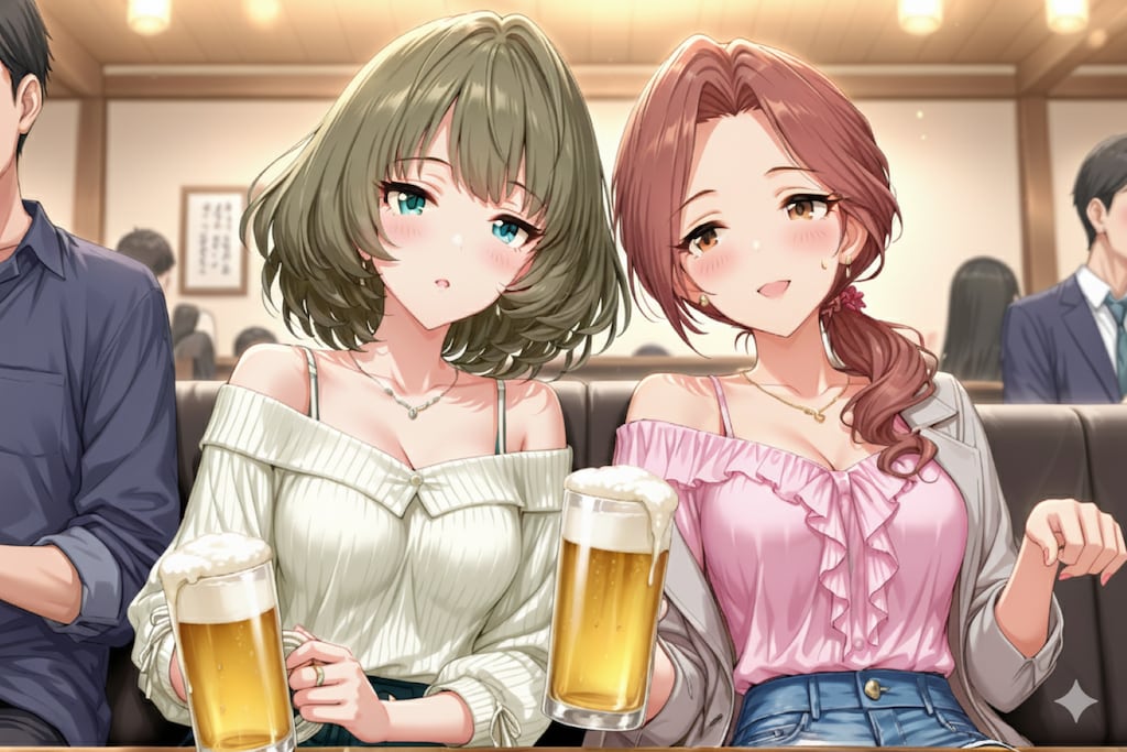 居酒屋でビールを飲む２人　ー川島瑞樹 と 高垣楓ー