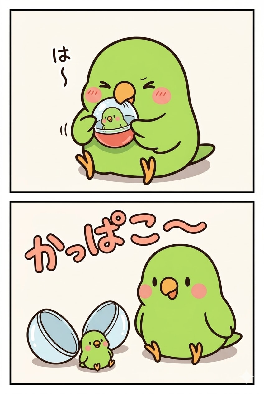 カプセルを開けるインコ