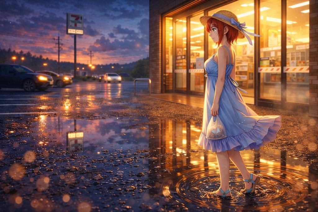 雨上がり、コンビニの灯りと少し湿った空気