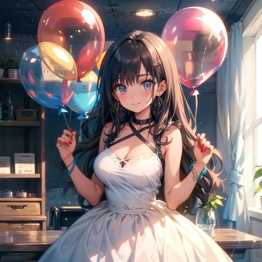いっぱい色とりどりの風船を持つ黒髪ロングの白いドレス着た美女