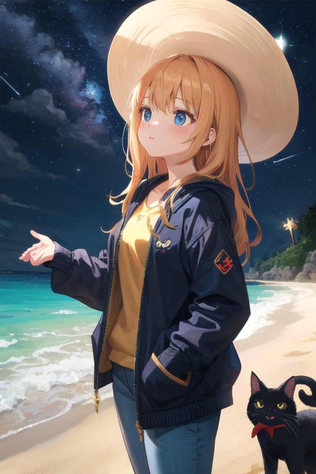 砂浜の魔女と星空と猫