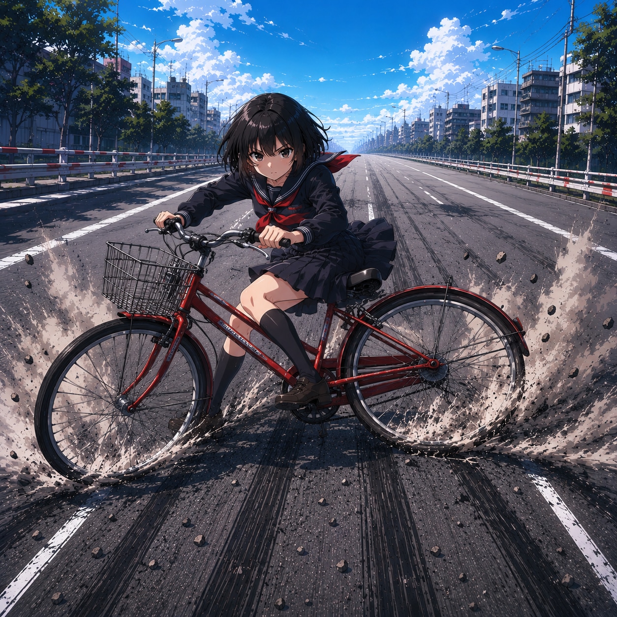 スライドブレーキで自転車を止める女の子