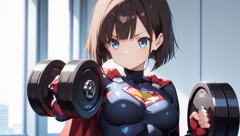 ダンベルで筋トレしているスーパーガール