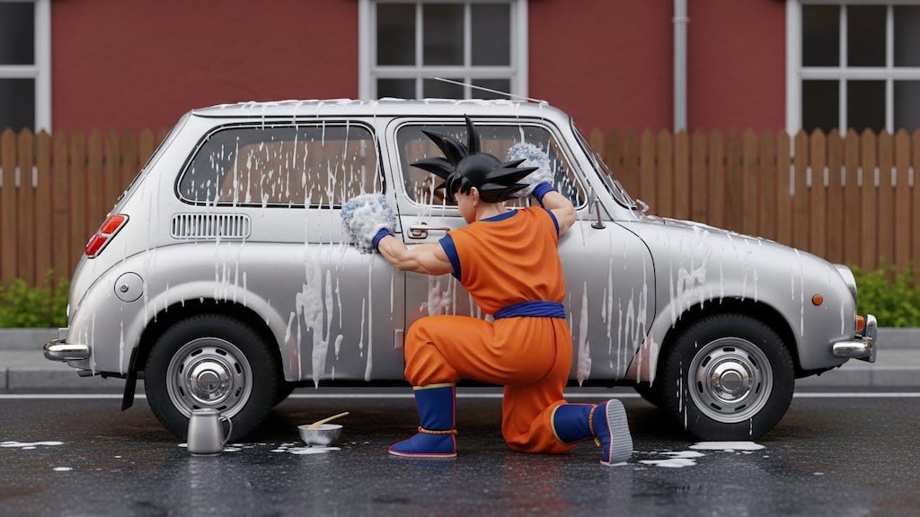 孫悟空がスバル360カスタムを洗う