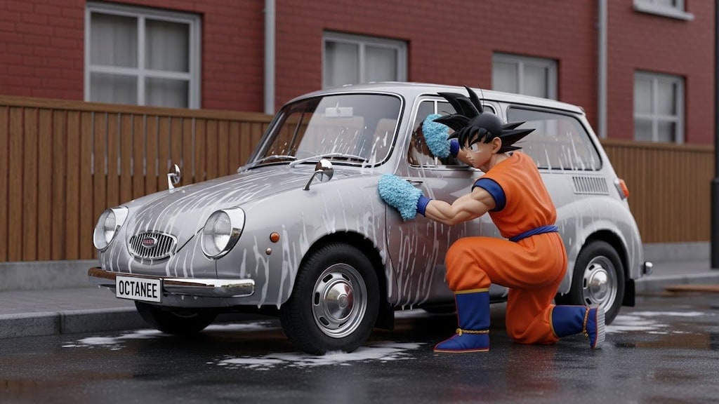 孫悟空がスバル360カスタムを洗う