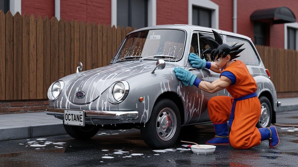 孫悟空がスバル360カスタムを洗う