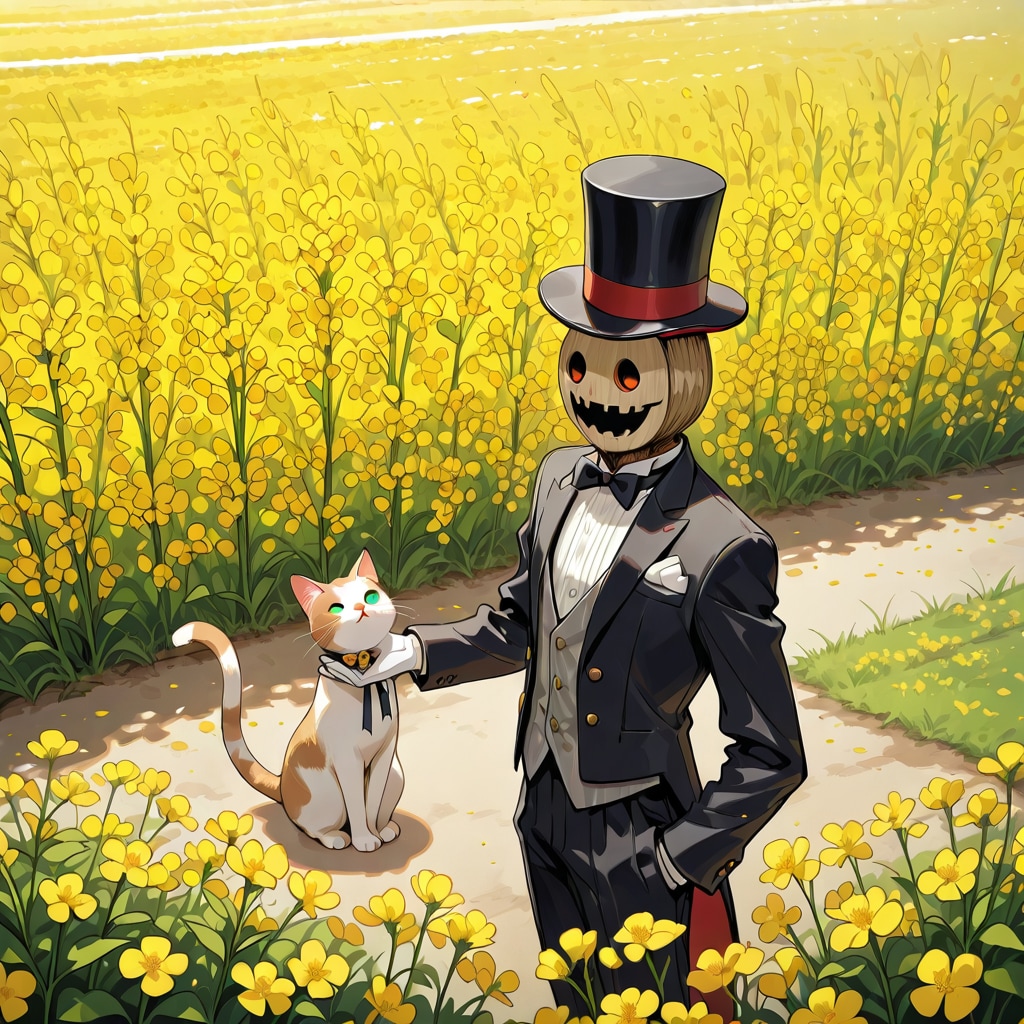 菜の花畑の案山子と猫260420