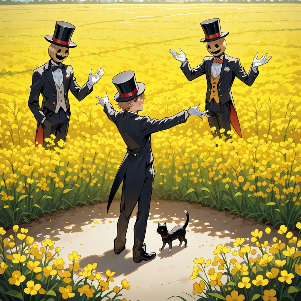 菜の花畑の案山子と猫260420