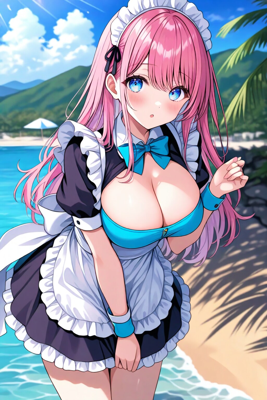ビーチに連れてこられたピンク髪メイド