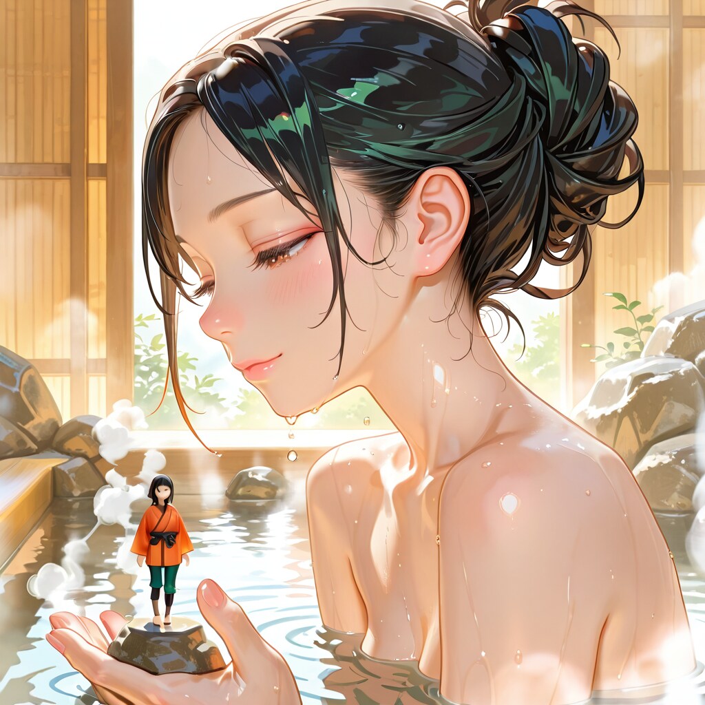 フィギュアと一緒に温泉に入ってみた黒髪美女