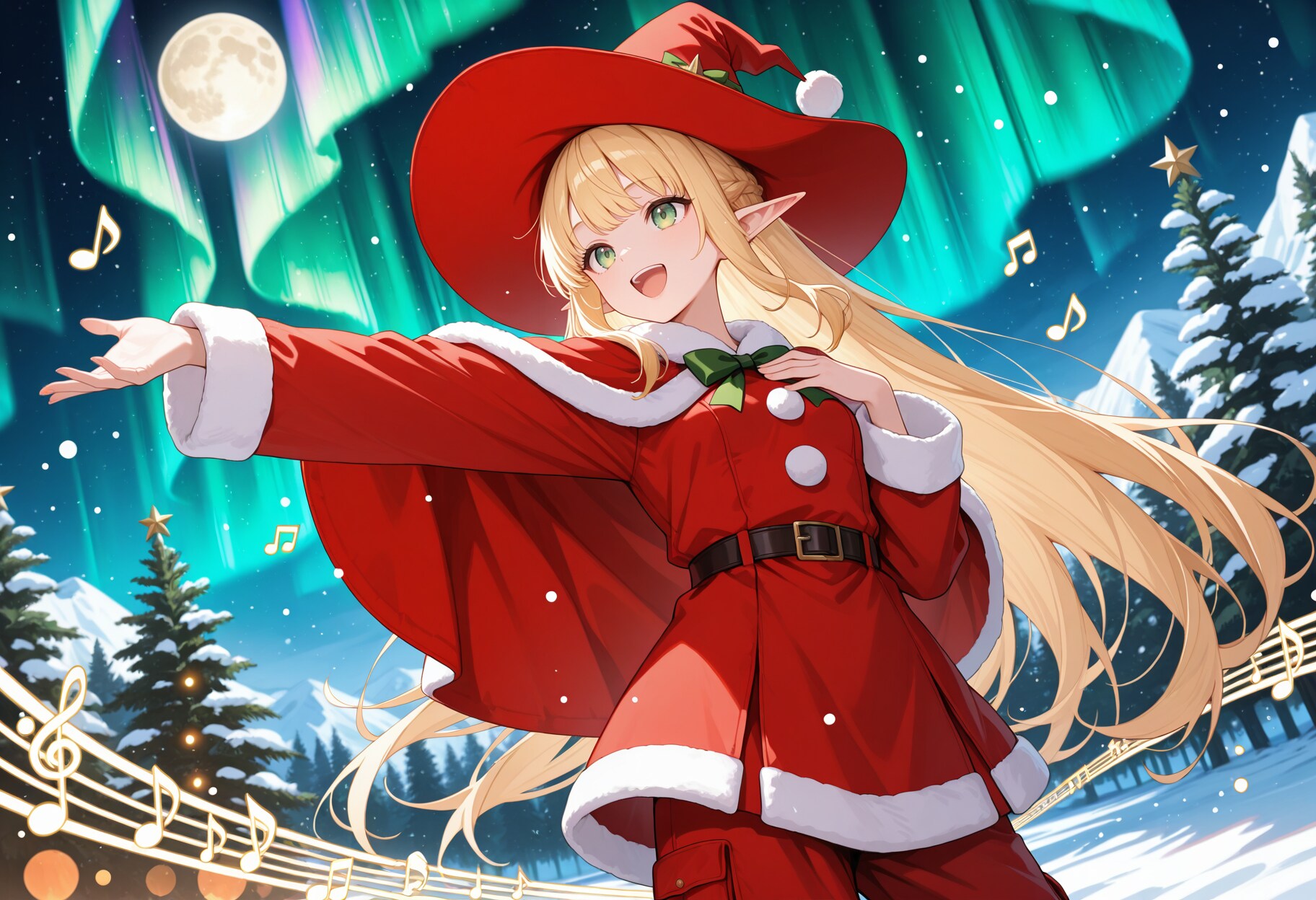 オーロラの下でクリスマスソングを歌うサンタクロース衣装なエルフ魔女さん