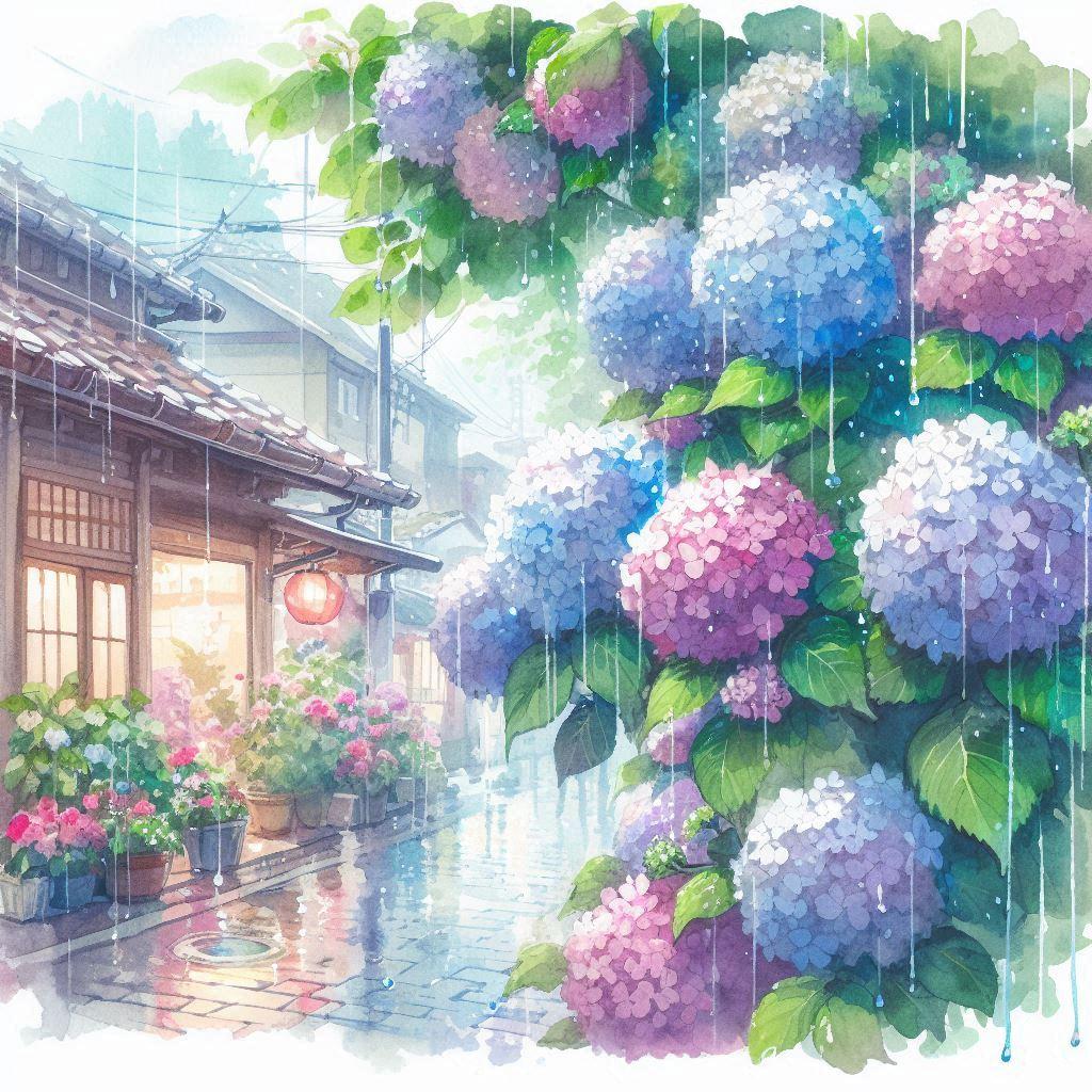★あじさいと雨の町