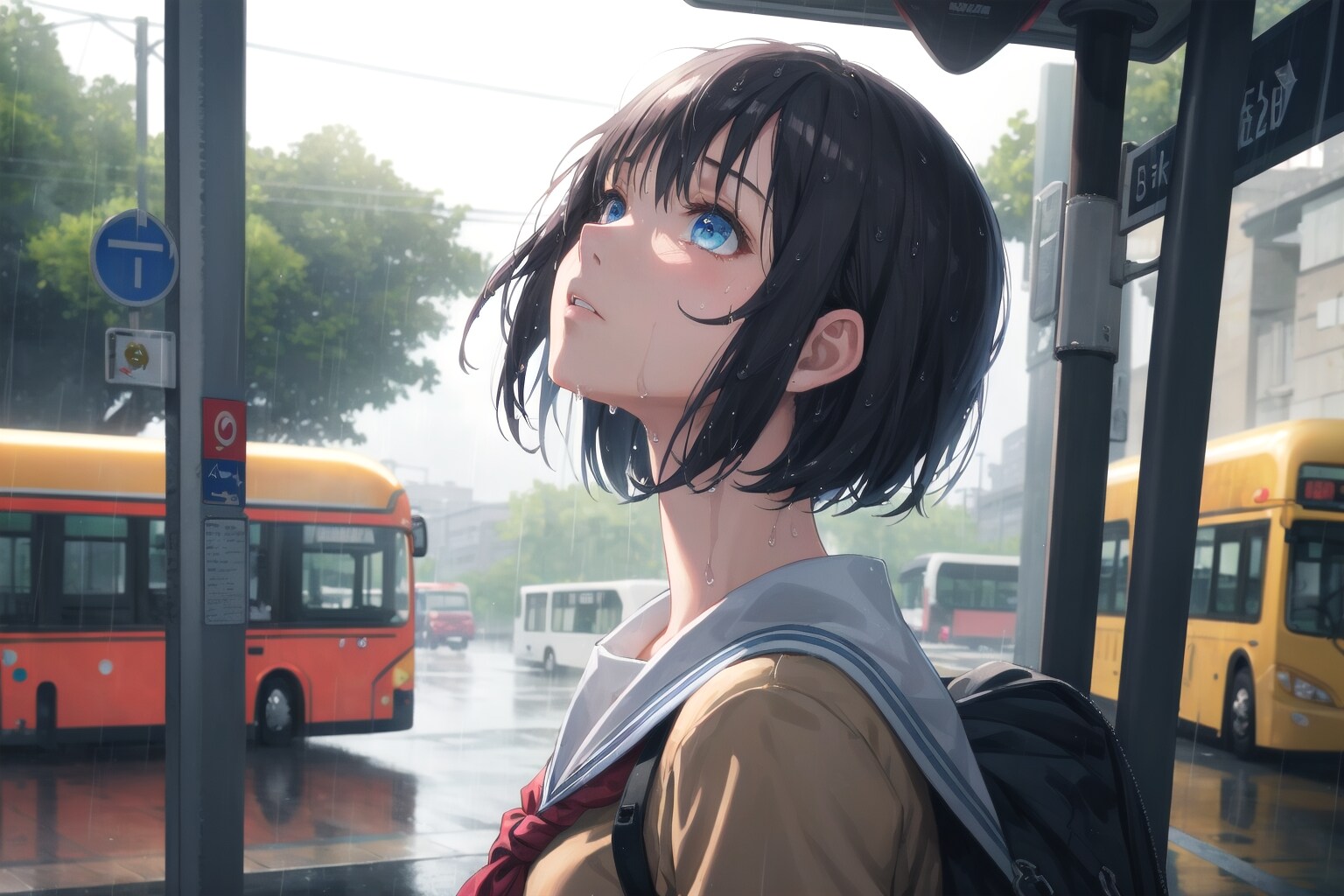 バス停で雨宿り 早く雨やまないかなぁ〜