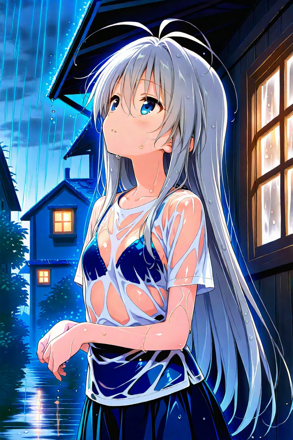 突然の大雨と雨宿りする銀髪ちゃん