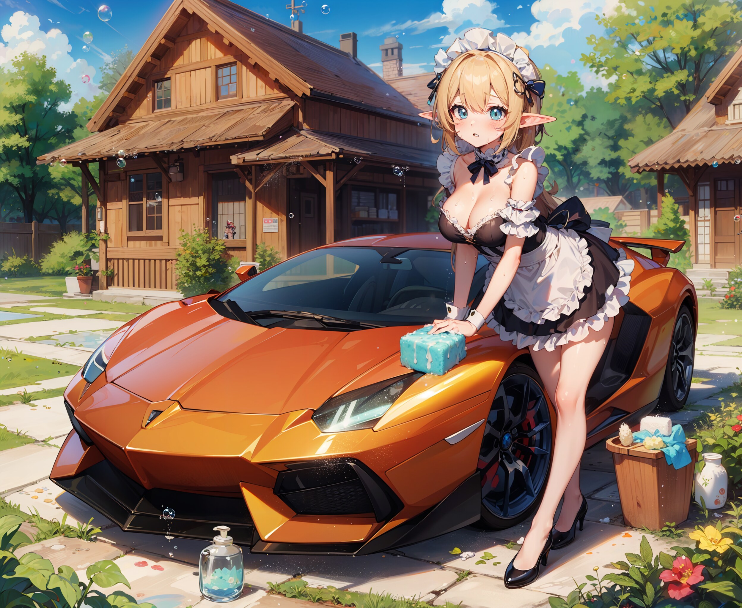 俺のランボルギーニを洗車してくれるエルフちゃんメイド