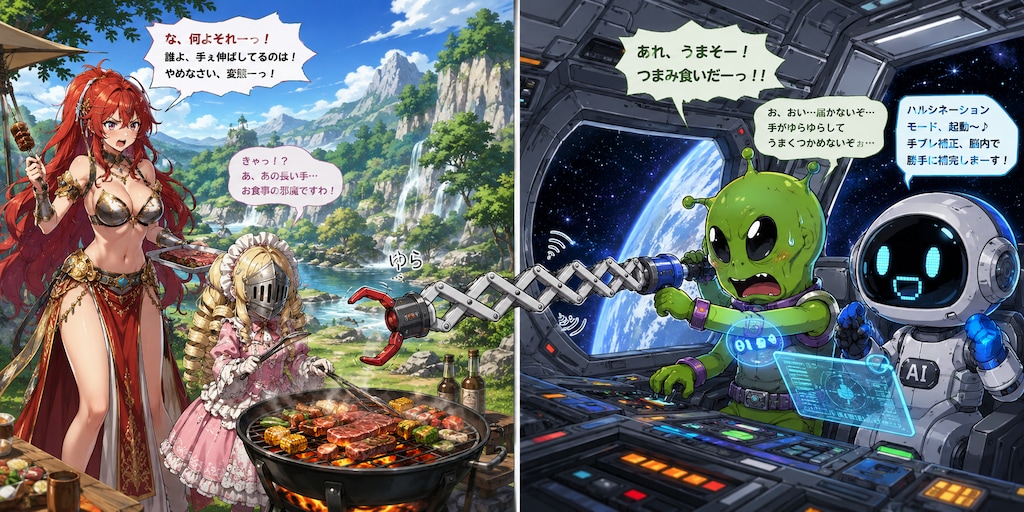 隣のイラストを狙うつまみ食い宇宙人