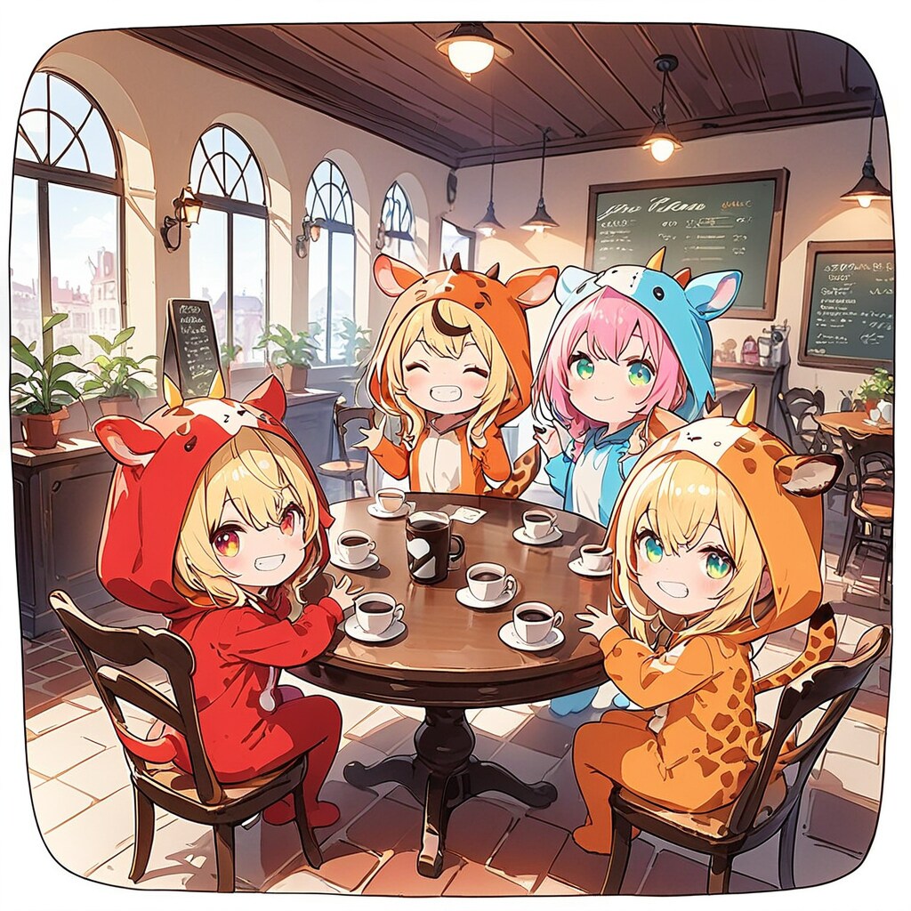 黒板のあるカフェとキリン着ぐるみちび子ちゃん