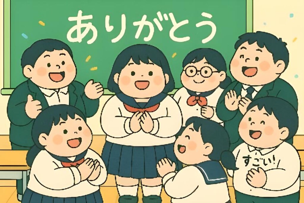 風刺画-ぽっちゃり学園生が褒め称えられてる姿-