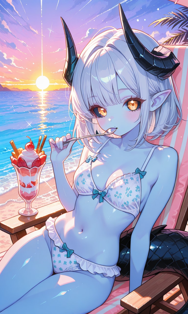 パフェとビーチと魔族娘