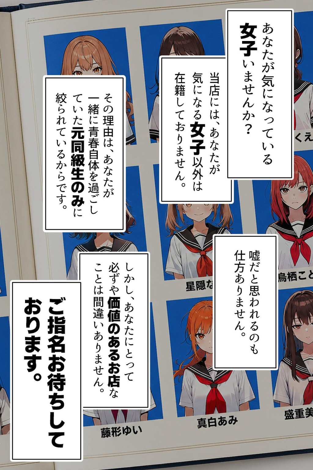 【漫画】指名は卒アルの中で 卒業アルバムに載っている元同級生しか