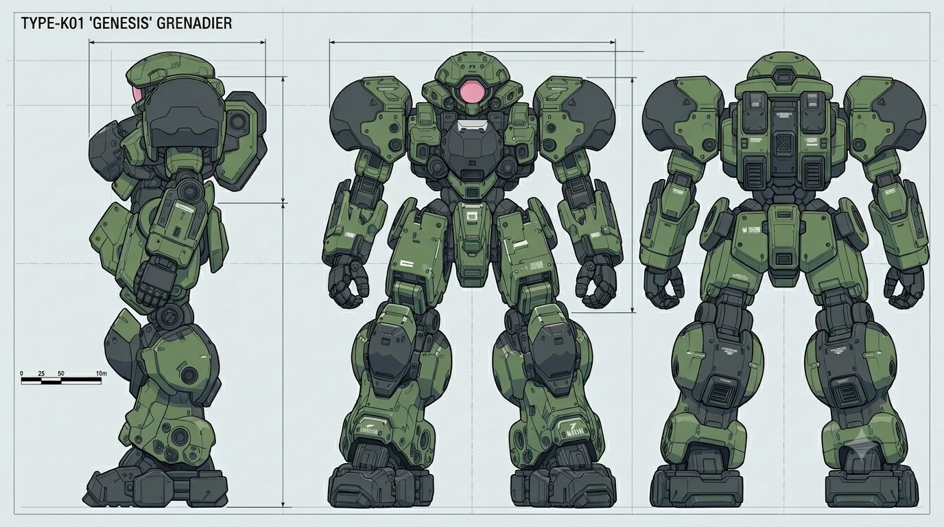 AIガチャ戦機 少数生産機＋試作兵装（重ガトリング）　三面図経由フィギア