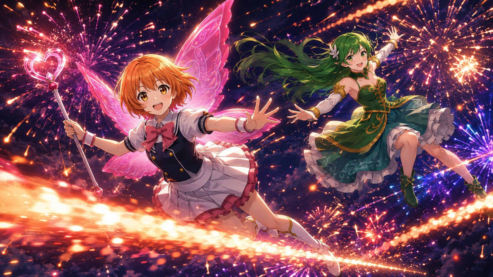 夜に咲く花火の中で舞い