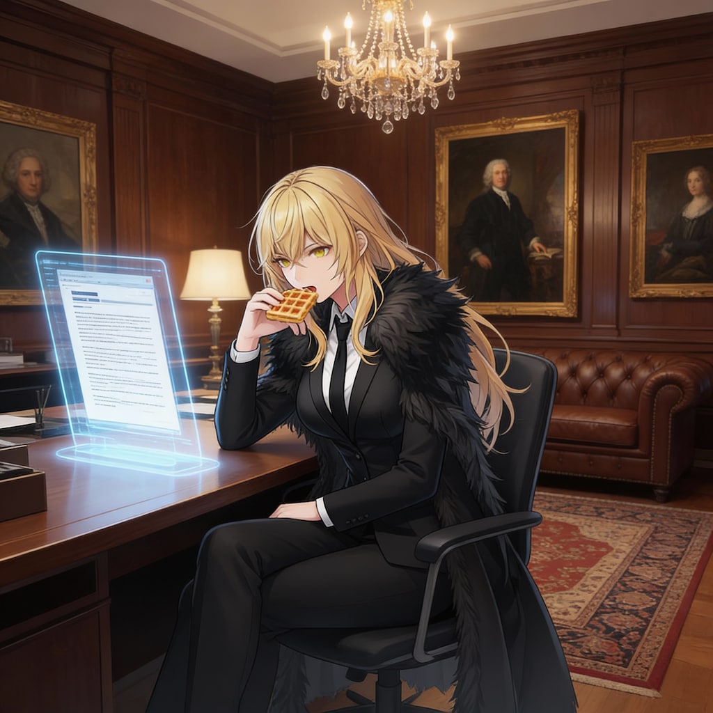 ワッフル片手に報告書を読むエリザベス