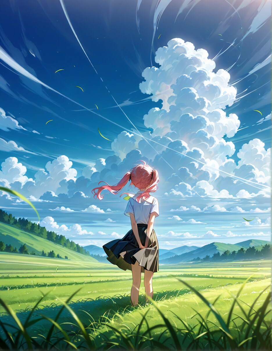 広大な草原のピンクツインテちゃん | の人気AIイラスト・グラビア